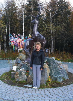 Памятник оленям и дерево с замками на Корсаковской трассе